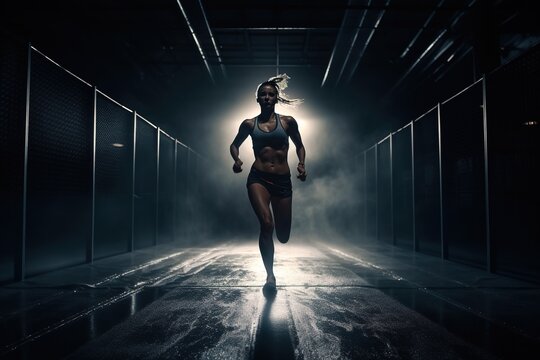 A strong athletic, woman sprinter, running on black background wearing in the sportswear, fitness and sport motivation. Runner concept, Generative AI. 
