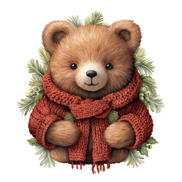 Adorable Bear in Christmas Themed Knitted Painting Texture ,Children's Book Illustration Style, Bear in Christmas isolated transparent background, PNG ,Generative ai