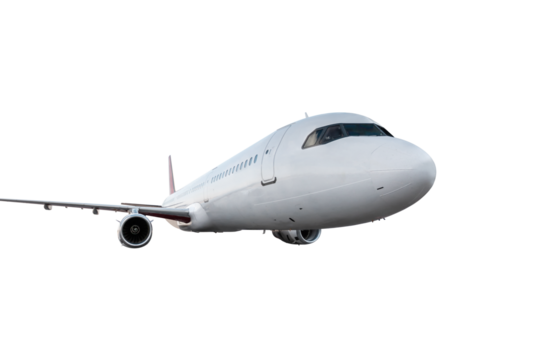 Close-up white passenger jetliner flies isolated