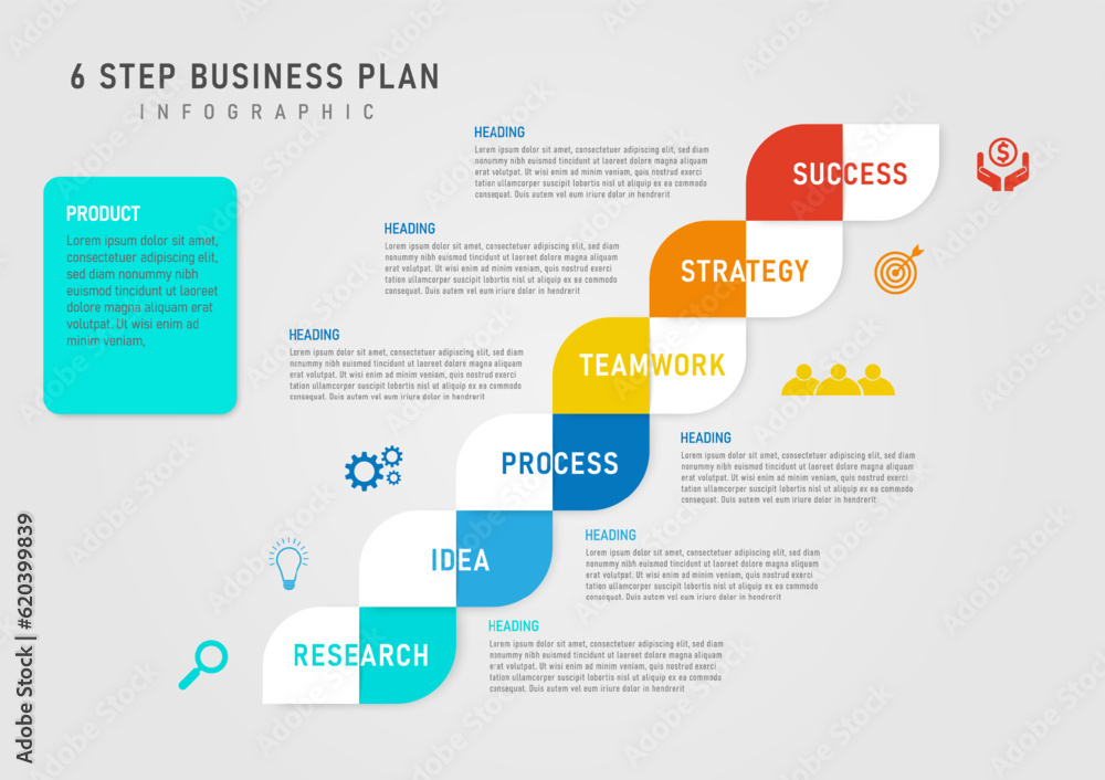 Poster infographic template 6 steps success business planning multicolored squares letters in the center le