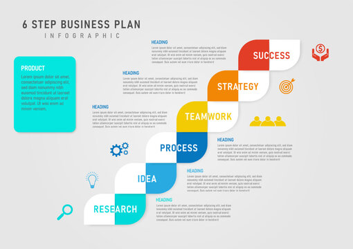 infographic template 6 steps success business planning multicolored squares letters in the center left and right icons square frame in the middle empty space place letters gray gradient background