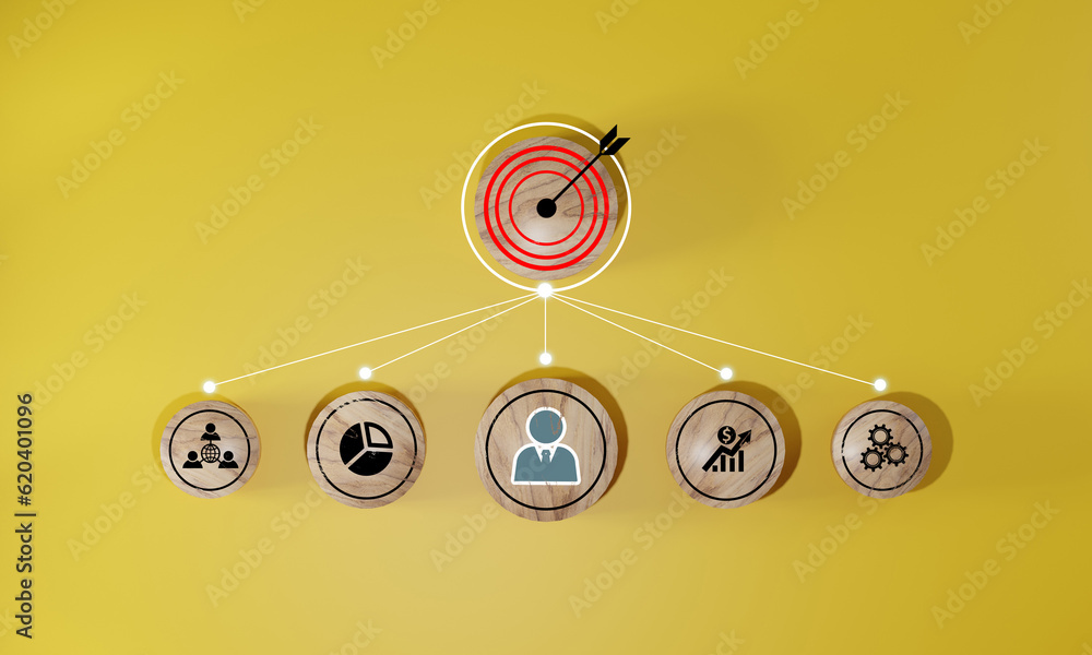 Wall mural woods block step on table with icon action plan, goal and target, success and business target concep