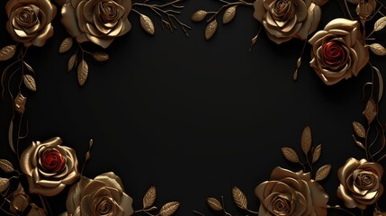 golden frame of roses on a dark background with copy space for creative designs
