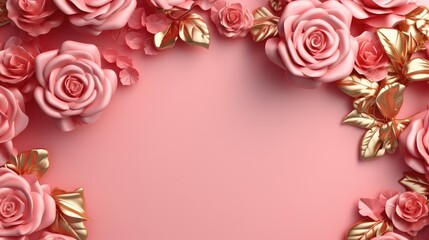 golden frame of roses on a pink background with copy space for creative designs
