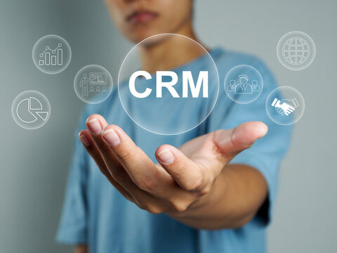 CRM Marketing Businessman Customer Relationship Management HR recruitment and recruitment through modern technology connectivity for optimal organizational efficiency. Hands-on CRM messages.