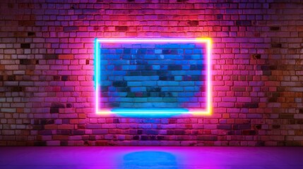 A neon-framed brick wall stands tall, emanating a captivating and edgy energy that invites you to explore the unknown, neon colored empty frame layout for text or copy space