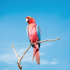A lone bird perched atop a sun-dappled branch stares off into the horizon, its wings spread wide in anticipation of an adventurous journey, blue summer sky