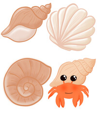hand draw Cartoon set Illustrations Featuring Crab and Clam Underwater, Undersea
