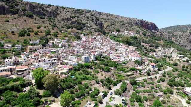 Aerial, wide shot of the Kritsa village in Crete, Greece