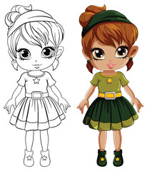 Cute girl cartoonl and its doodle coloring character