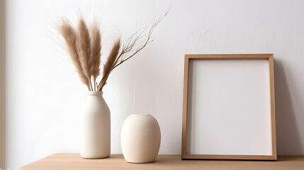 Vertical wooden picture frame, poster mockup in the corner. Wooden table, desk. Modern organic shaped vase. Dry flowers, grass. Old books on window sill. Home staging. Minimal Scandi boho interior.