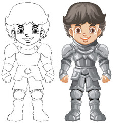 Cartoon knight boy cartoon character with doodle outline for colouring