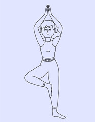 Woman doing tree pose. Female person in outline style.