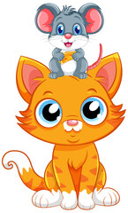 Cute Cat with Mouse in Cartoon Style