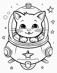 Cute space cats coloring page for kids, Alien cat pirate in a spaceship in galaxy. Cute cosmonaut cats in outer space and rockets illustration.