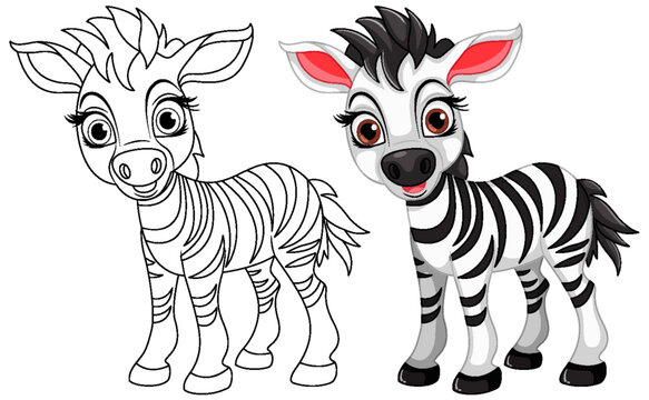 Cute Zebra cartoon animal and its doodle coloring character
