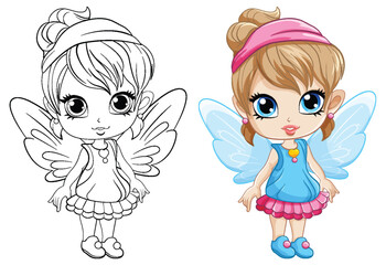 Cartoon fairy with wings and its doodle coloring character