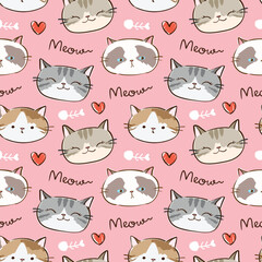 Seamless Pattern of Cartoon Cat Face, Heart and Fish Bone Design on Pink Background