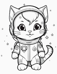 Cute space cats coloring page for kids, Alien cat pirate in a spaceship in galaxy. Cute cosmonaut cats in outer space and rockets illustration.
