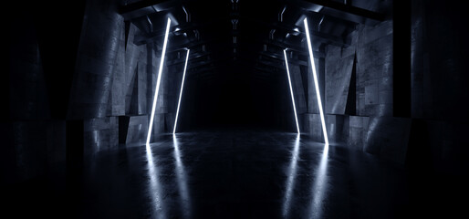 Modern Studio Metal Cement Concrete Asphalt Garage Hangar Tunnel Corridor Showroom Underground Bloom Lights Dark Realistic 3D Rendering