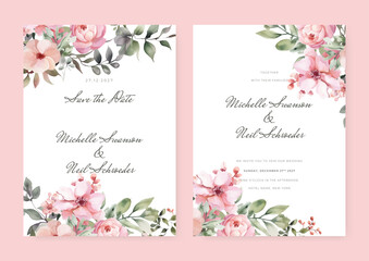 Floral watercolor wedding invitation template. Leave and flower background. Greeting card.