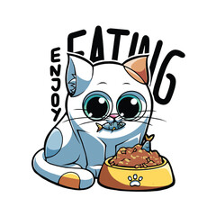 vector illustration depicting a cat enjoying its food, this image is great for stickers, t-shirt designs and more.