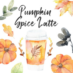 Tasty pumpkin spice latte in coffee cup. Delicious seasonal hot drink isolated on white background with pumpkins and autumn leaves. 
