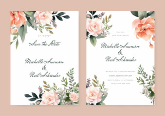 Modern wedding invitation template with leaves, glitter, frame, and border. Floral decoration vector for save the date, greeting, thank you, rsvp, etc