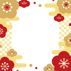 梅の花と市松模様のフレーム・背景素材（正方形）