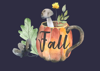 Pumpkin spice latte coffee cup for autumn menu or greeting card design. Watercolor floral illustration