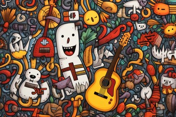 Obraz premium Cartoon Cute Doodles Performance Seamless Pattern, Generative AI
