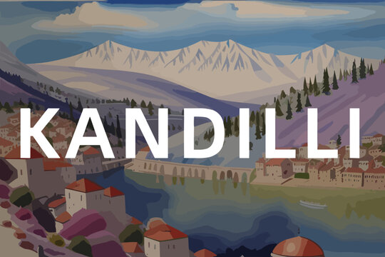 Beautiful watercolor painting of a Turkish scene with the name Kandilli in Erzurum