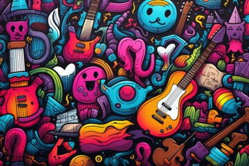  Cartoon Cute Doodles Music Concert Seamless Pattern, Generative AI