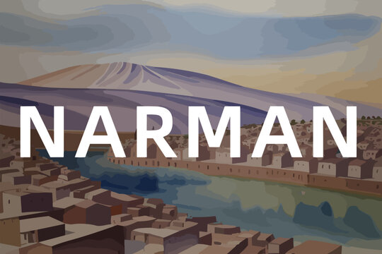 Beautiful watercolor painting of a Turkish scene with the name Narman in Erzurum