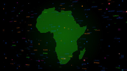 Futuristic Green Colorful Shiny Digital Technology Hud Dots Mosaic Grid Africa Map Perspective View With Numeric Tech Particles Background © agratitudesign