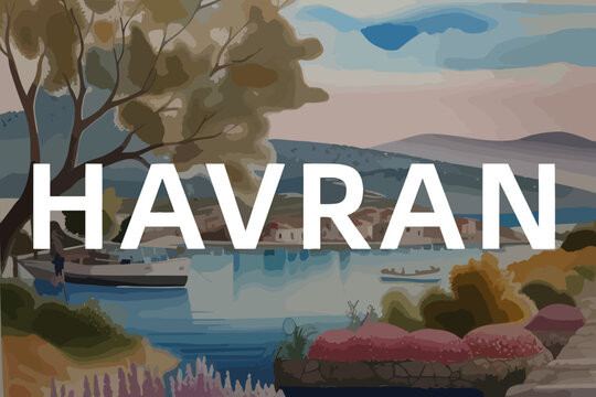 Beautiful watercolor painting of a Turkish village with the name Havran in Balıkesir
