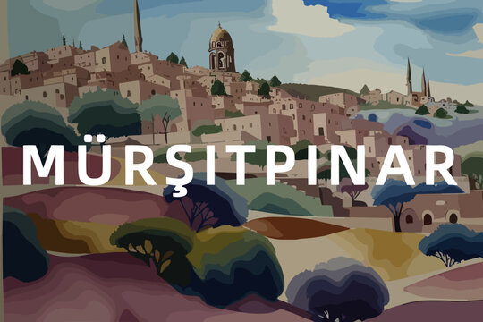 Beautiful watercolor painting of a Turkish scene with the name M&uuml;rşitpınar in Şanlıurfa