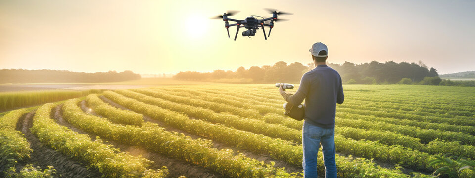 Farmer using drone to monitor crop health in field of organic produce. Fusion of technology and traditional farming methods. Generative Ai content