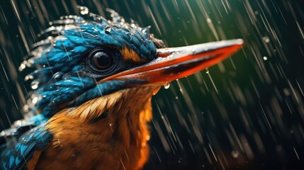 Close-up shot of an amazing kingfisher bird beak and face in the rain against a lush green background photo illustration, wildlife, animal, ai