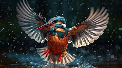 Magnificent kingfisher halcyon bird with wings spread taking flight bathing in the rain photo illustration, wildlife, animal, ai - obrazy, fototapety, plakaty