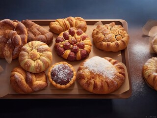  A tray full of delicious pastry desserts on a bakery, AI generated 