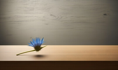  a single blue flower sitting on top of a wooden table.  generative ai