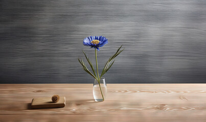  a blue flower in a glass vase on a wooden table.  generative ai