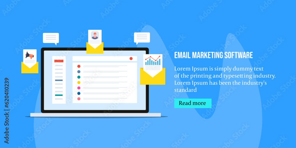 Poster email marketing software interface on laptop screen, data analytics, opening email message and newsl