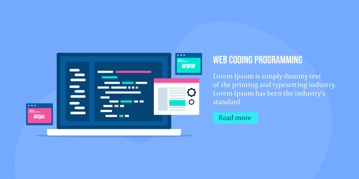 Web coding programming on laptop screen, web development and software application script java program information technology and computer engineering vector illustration concept. 