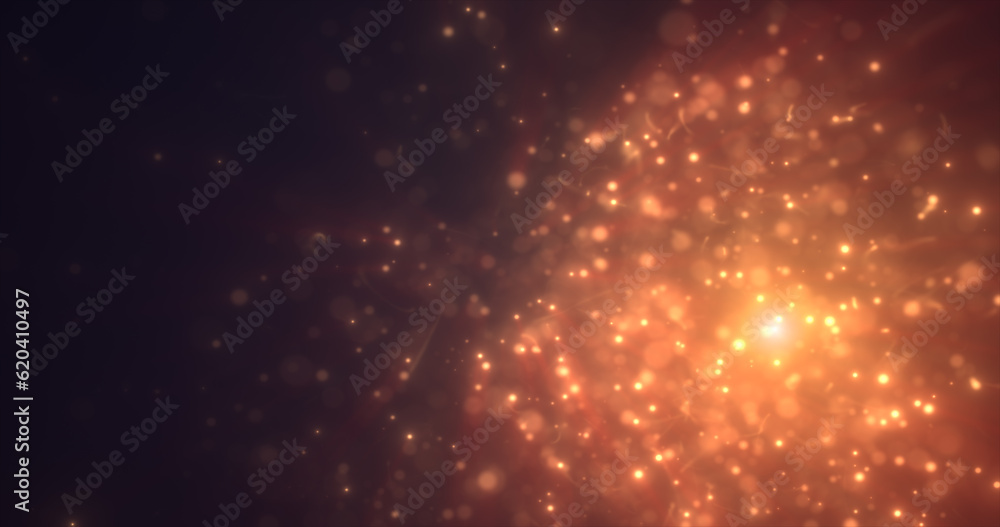 Poster abstract yellow orange energy particles and dots glowing flying sparks festive with bokeh effect and