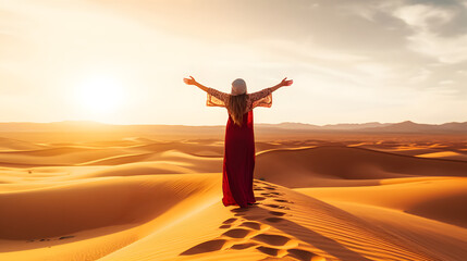 Fototapeta na wymiar Woman wearing hijab walking in the desert sand dunes at sunset - Happy traveler with arms up enjoying freedom outside - Wanderlust, wellbeing, happiness and travel concept