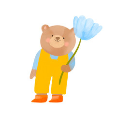 Cute little bear with a flowers. Printable design. Isolated on transparent background, for your card, invitation, poster