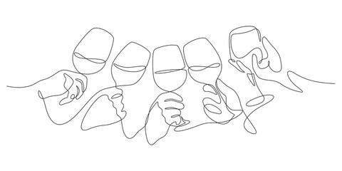 wine clinking celebratory toast concept hands holding and wine glasses in one line drawing - obrazy, fototapety, plakaty