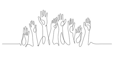 hands up, raised up volunteering,audiences and teamwork continuous line drawing